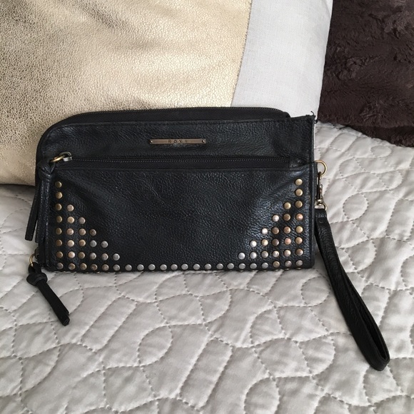 Roxy Handbags - Roxy Black & Brass Studded Leather Wristlet/Wallet